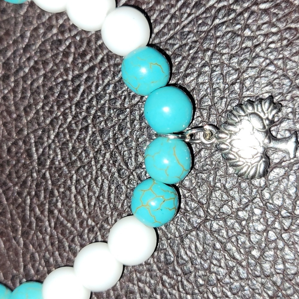 Bracelets,semi precious Turquoise stone and White crystals with tree metal charm